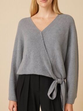 Umgee Gray Faux Wrap Sweater Dolman Sleeves 100% Cotton Side Tie Soft Knit Top